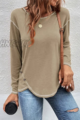 Hnewly - Casual Patchwork Buttons O Neck Tops(9 Colors) Khaki / S Tops/Long Sleeve Tops